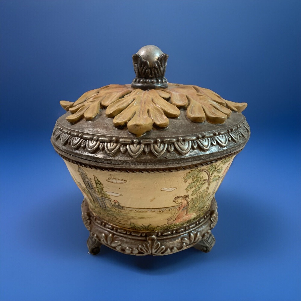 Vintage Trinket Jewelry Box w/Lid Resin‎ Filigree Pattern Maiden In Field